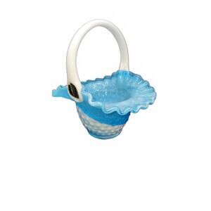 KANAWHA Blue & White Marbled Slag Milk Glass Hobnail Basket Unique Vintage Tag